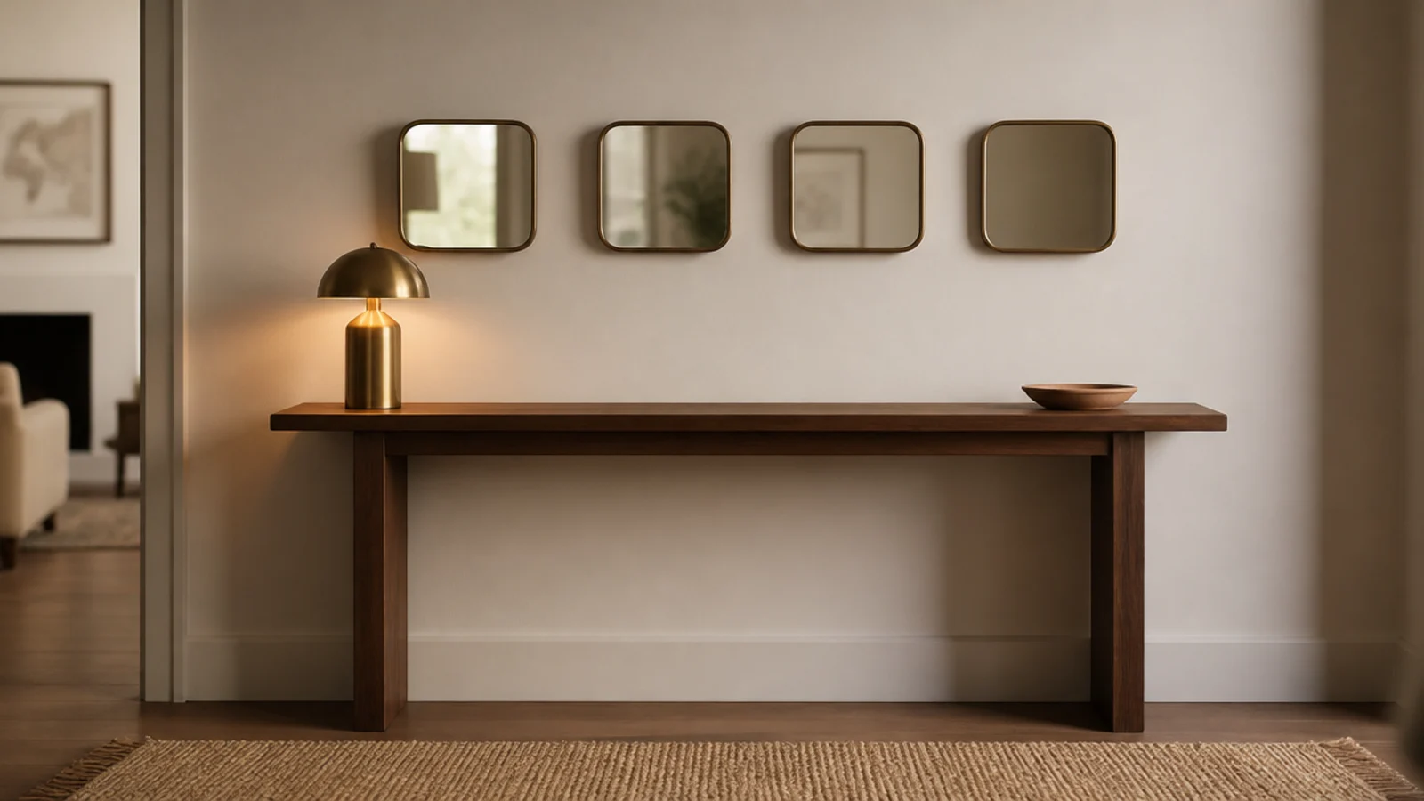 row of small mirrors banded horizontally above a narrow console table