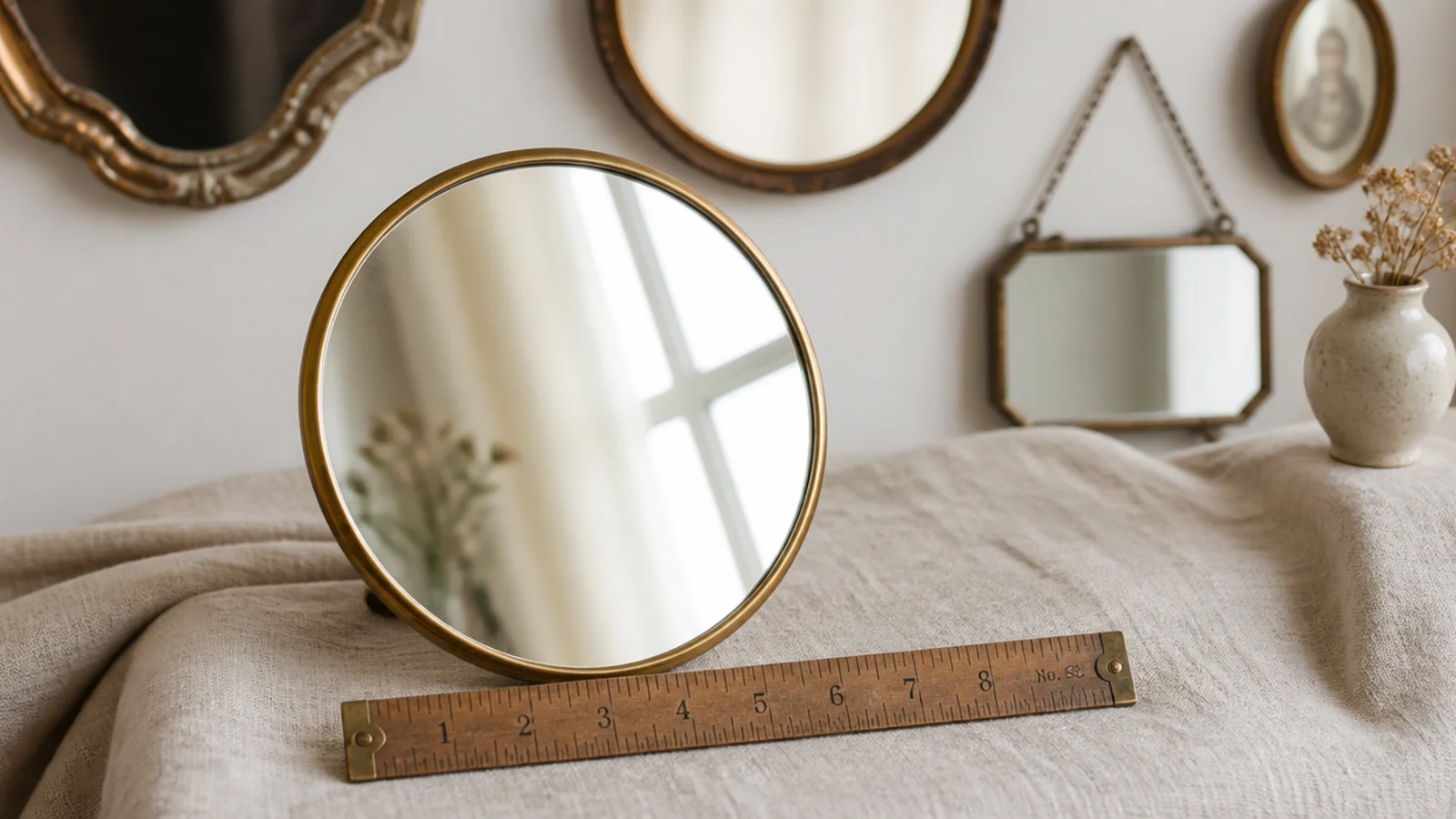 small eight inch round mirror held in one hand beside a wall cluster