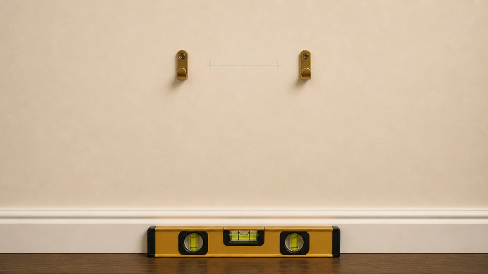 two small hooks marked level behind a mirror on a cluster wall