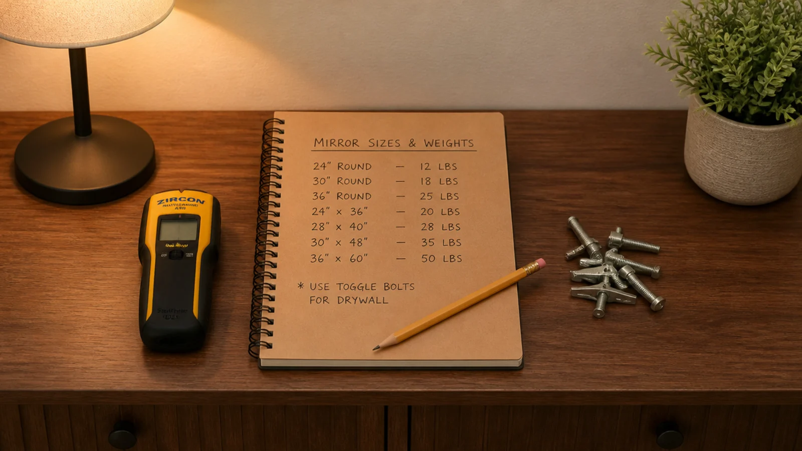 notebook listing mirror weights beside a stud finder and toggle bolts
