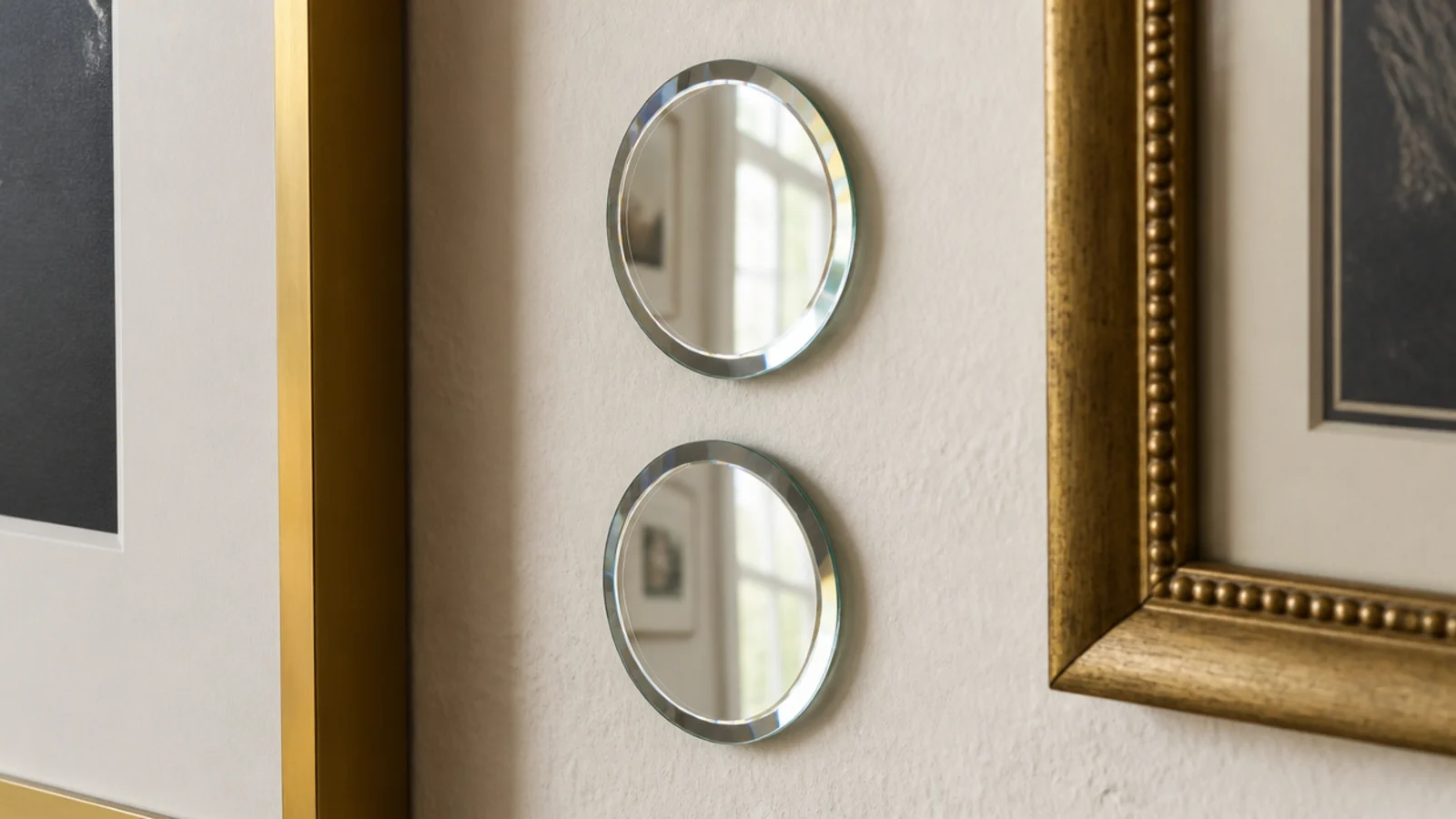 small frameless round mirrors filling gaps in a wall cluster