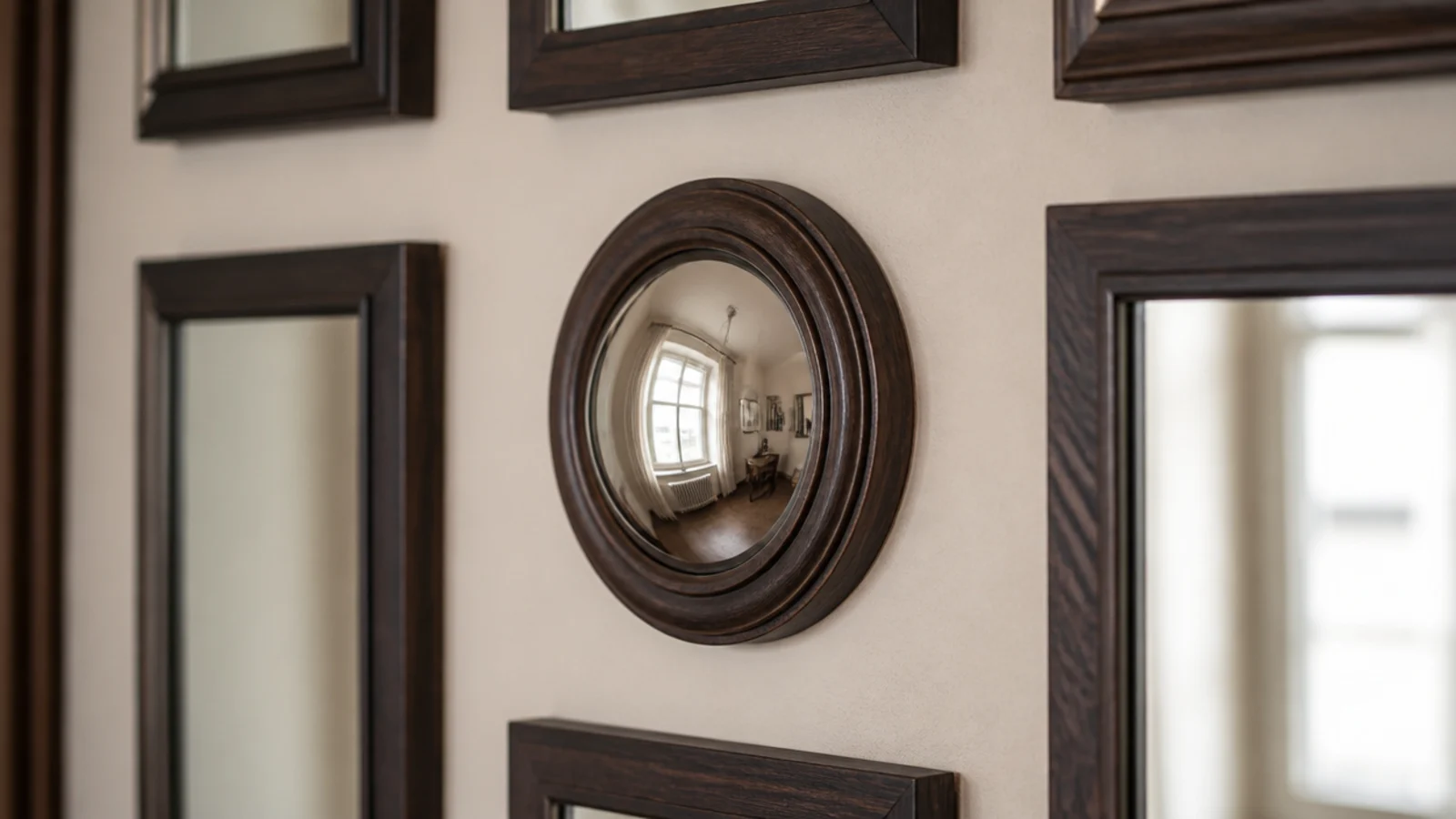 small convex mirror included among flat mirrors on a gallery wall