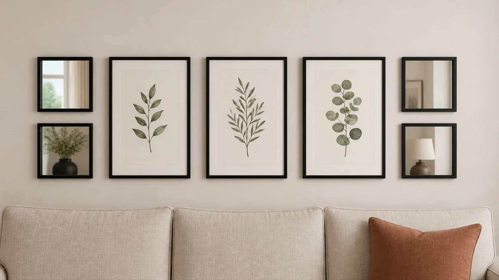 gallery wall combining small mirrors with simple framed paper prints