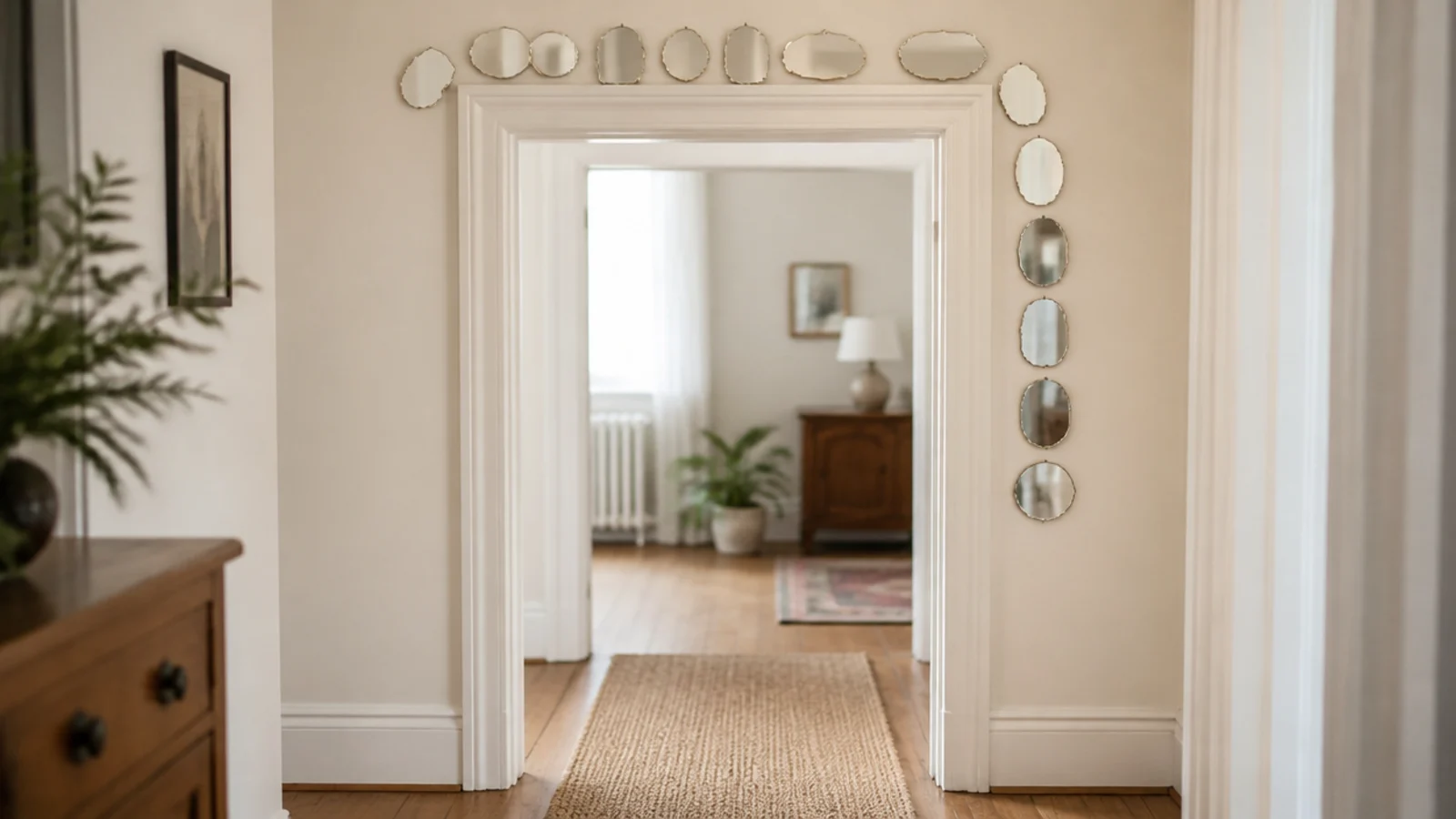 small mirrors arranged around the top corners of a cased doorway