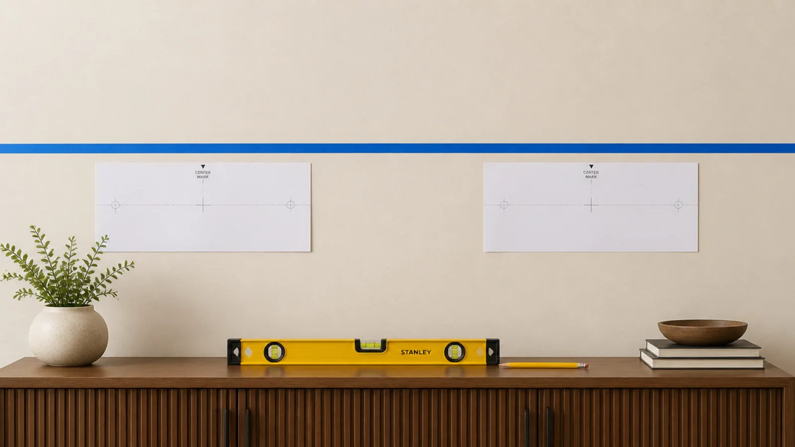 level line of painter tape setting the top edge of a mirror cluster
