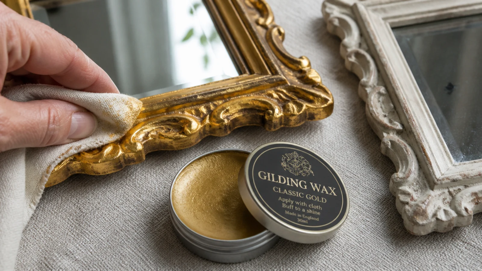 gilding wax being rubbed onto the moulding of a thrifted mirror frame