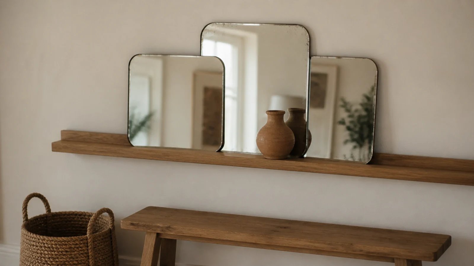 small mirrors leaning on a narrow oak picture ledge above a bench