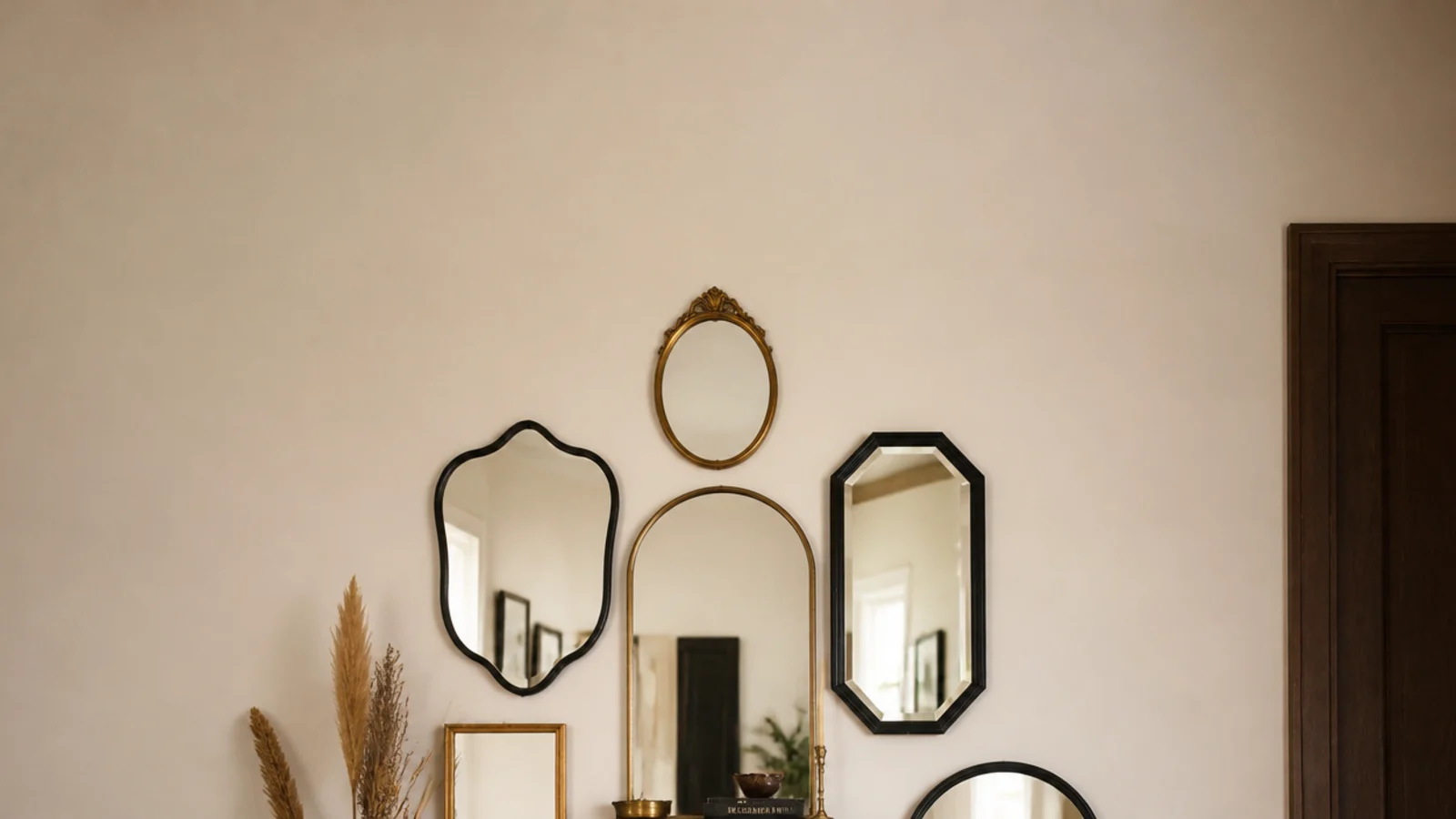 vertical budget mirror gallery wall cluster in a small cream room
