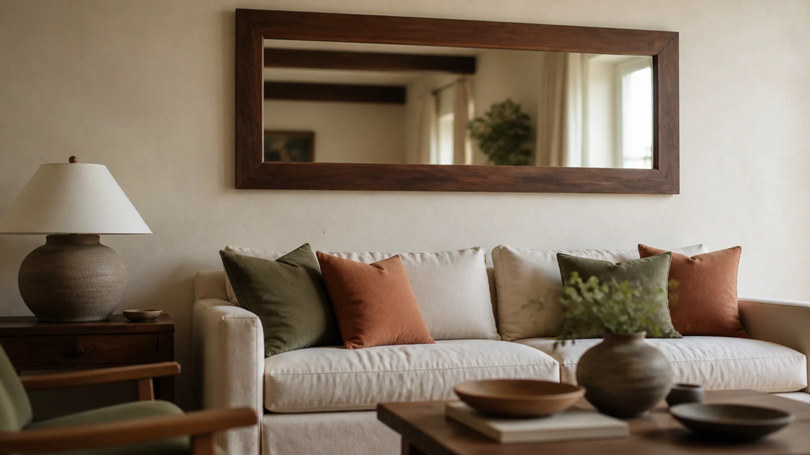wide mirror hung above a linen sofa filling a previously bare wall