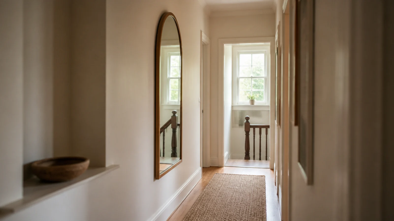 tall mirror brightening a dim north facing hallway with bounced daylight