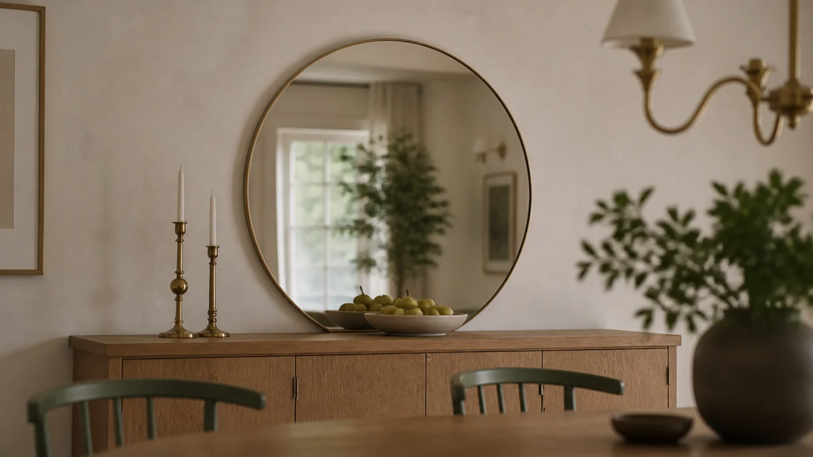 wide round mirror correctly scaled above a long dining room sideboard