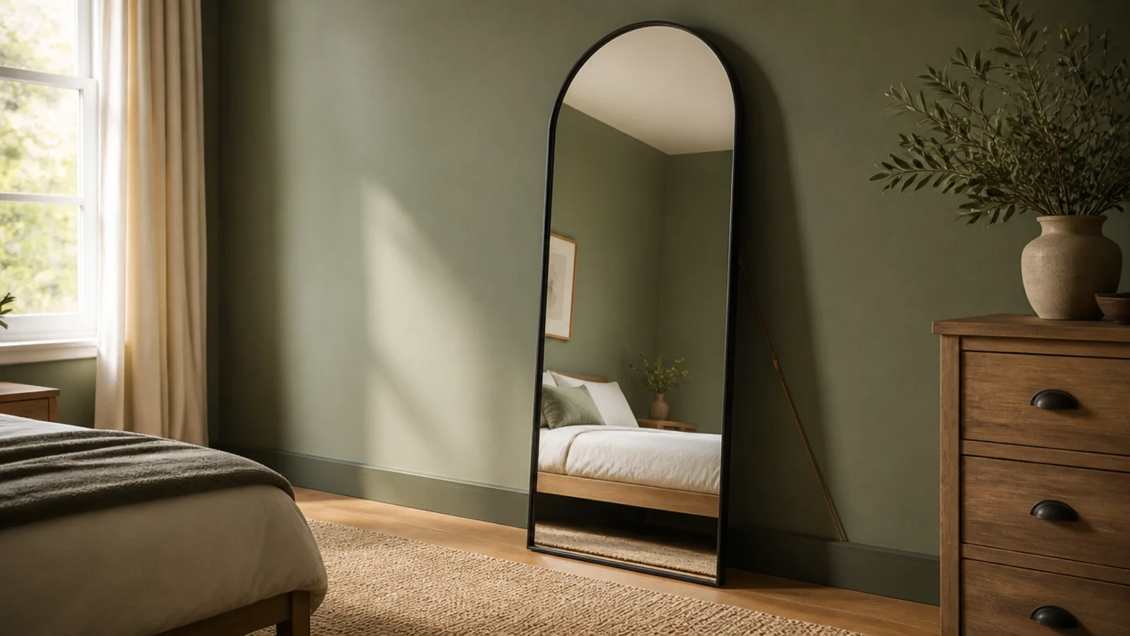 tall leaning bedroom mirror now anchored with a strap into a stud