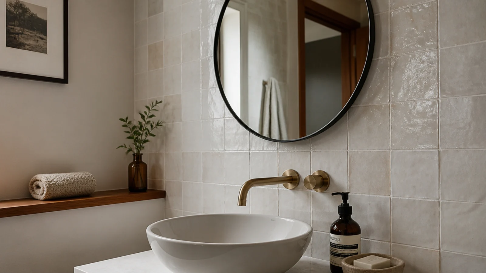 bathroom mirror replaced with a sealed metal frame against pale tile