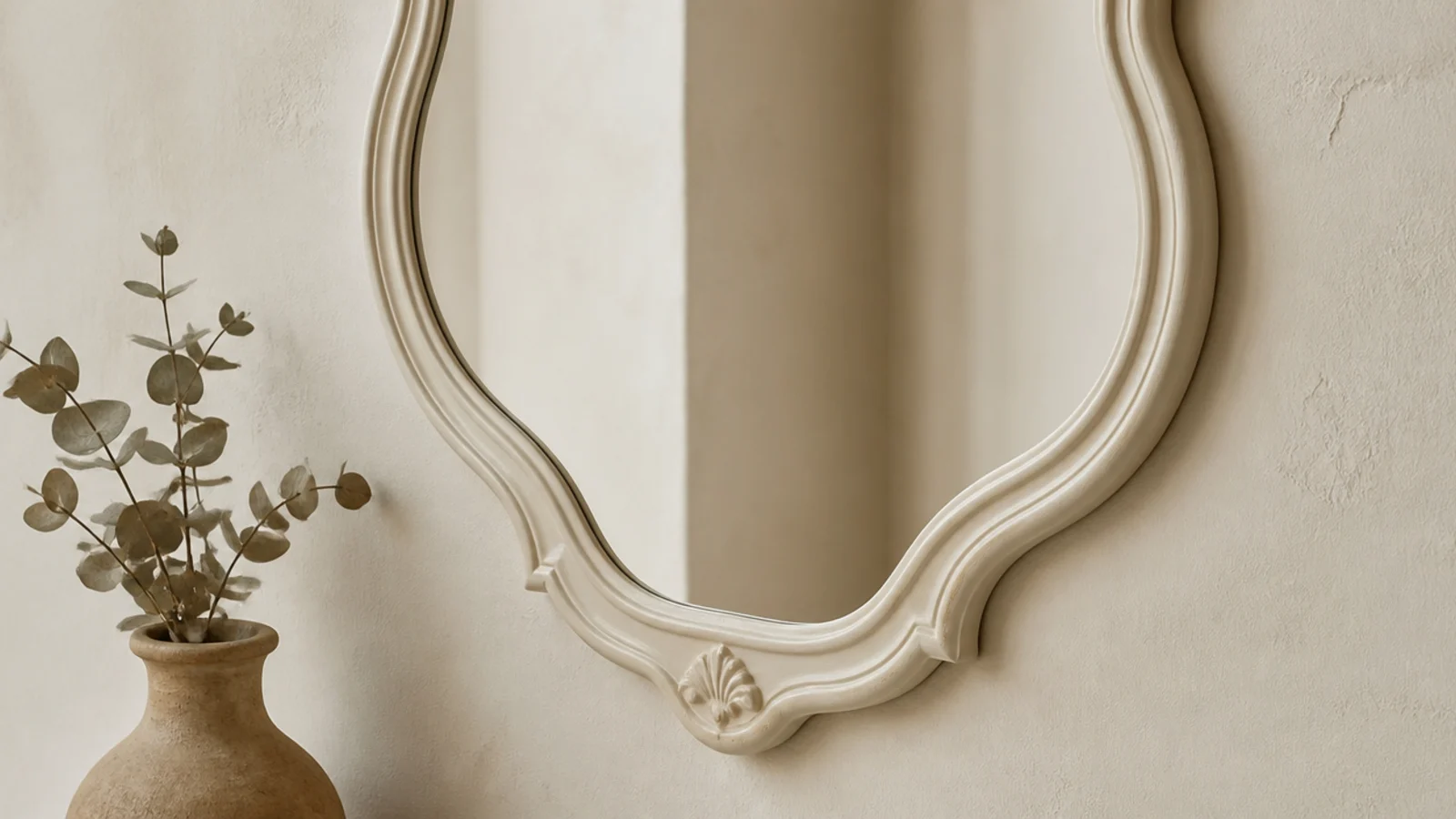 ornate mirror frame repainted the wall colour and blending into plaster