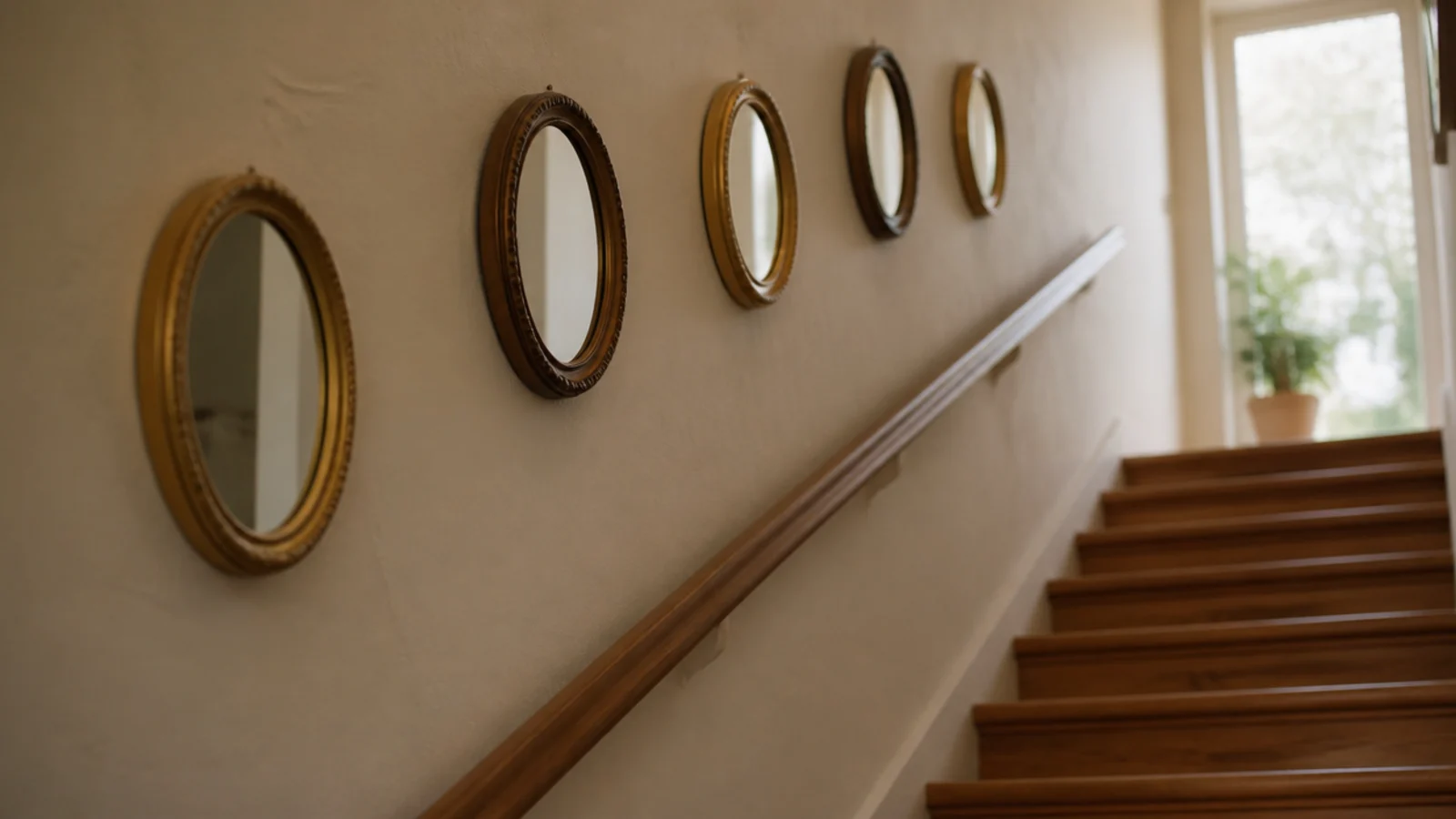 small mirrors stepping up a previously empty stairwell wall