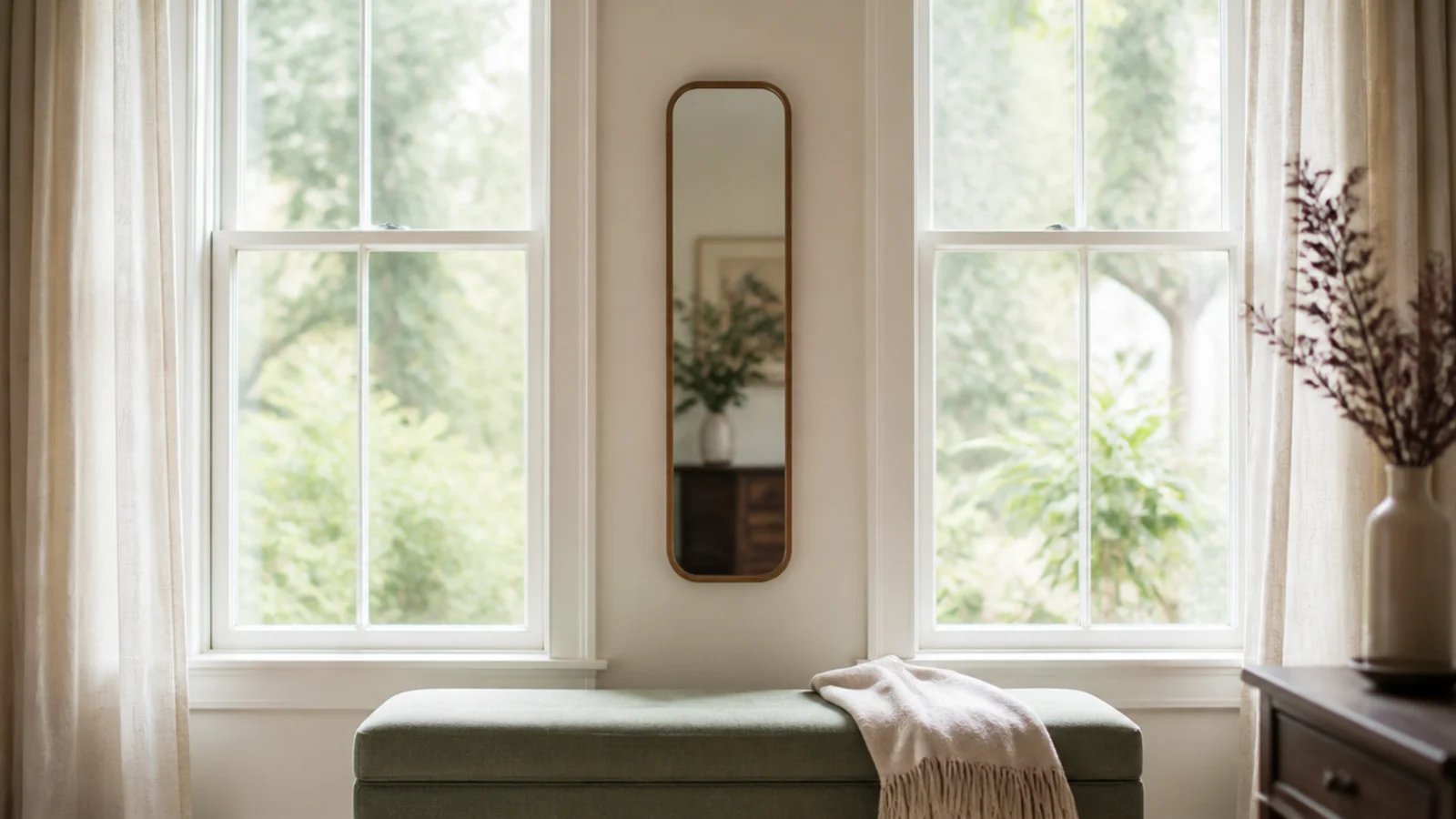 slim vertical mirror filling the narrow wall between two tall windows