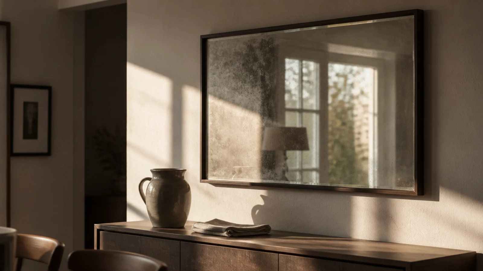 antiqued mirror panel softening strong afternoon light on a dining wall