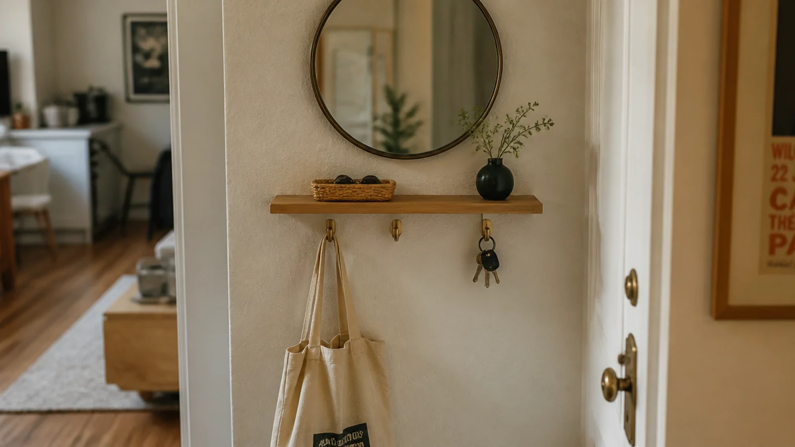 small round mirror and hooks turning a bare entry into a drop zone