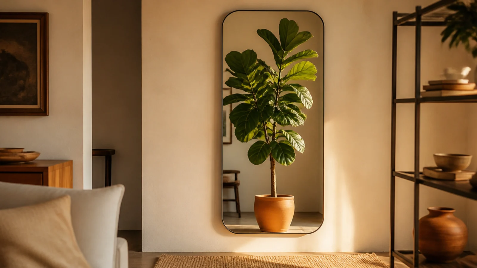 mirror repositioned to reflect a plant instead of a busy kitchen counter