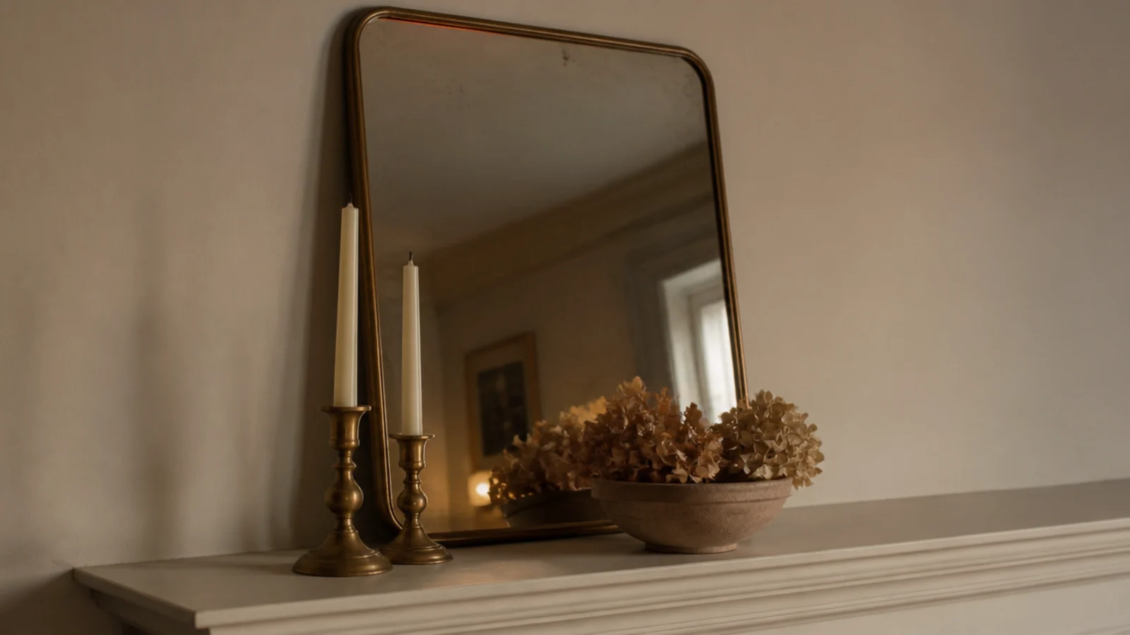mantel edited to one leaning mirror and two brass candlesticks