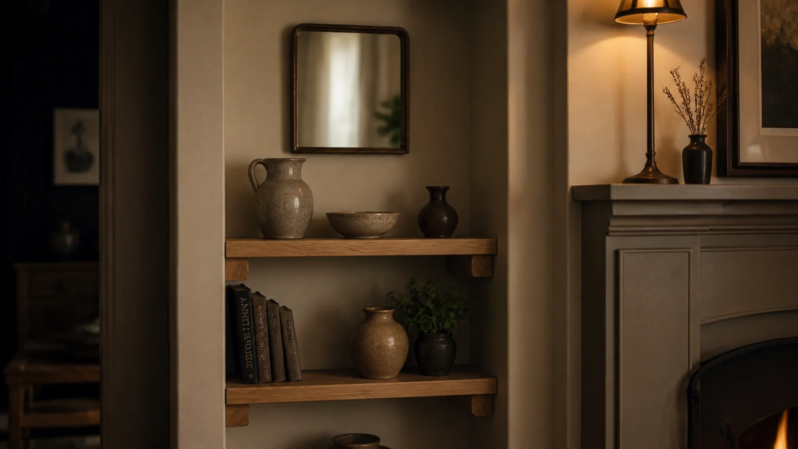 small mirror lighting a shallow alcove beside a painted chimney breast