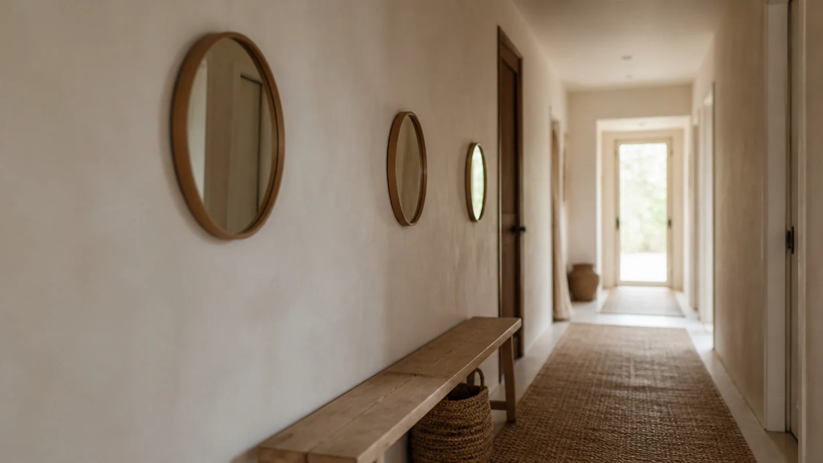 small mirrors along a corridor side wall breaking up blank plaster