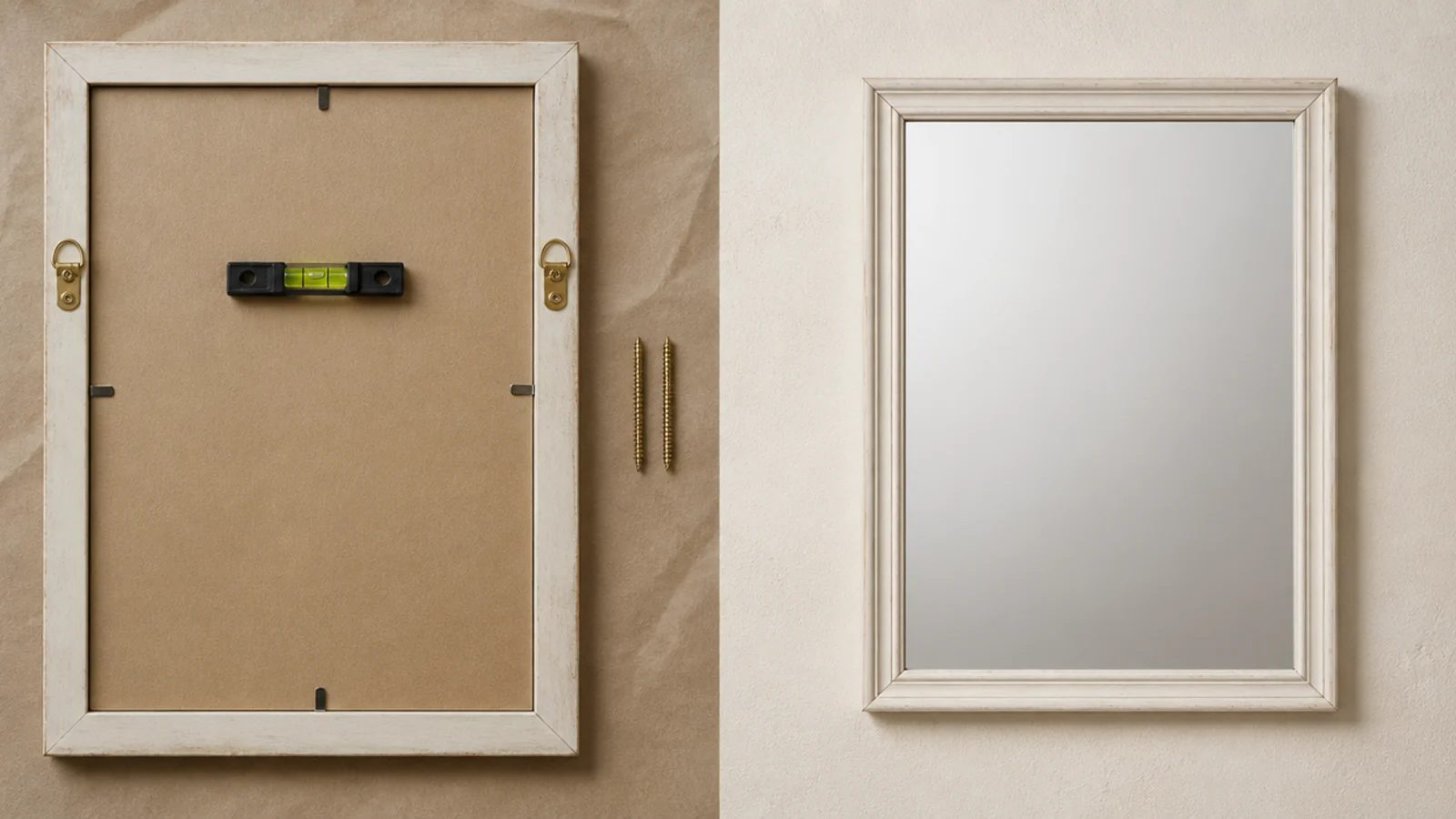 mirror rehung on two D rings sitting perfectly square on the wall