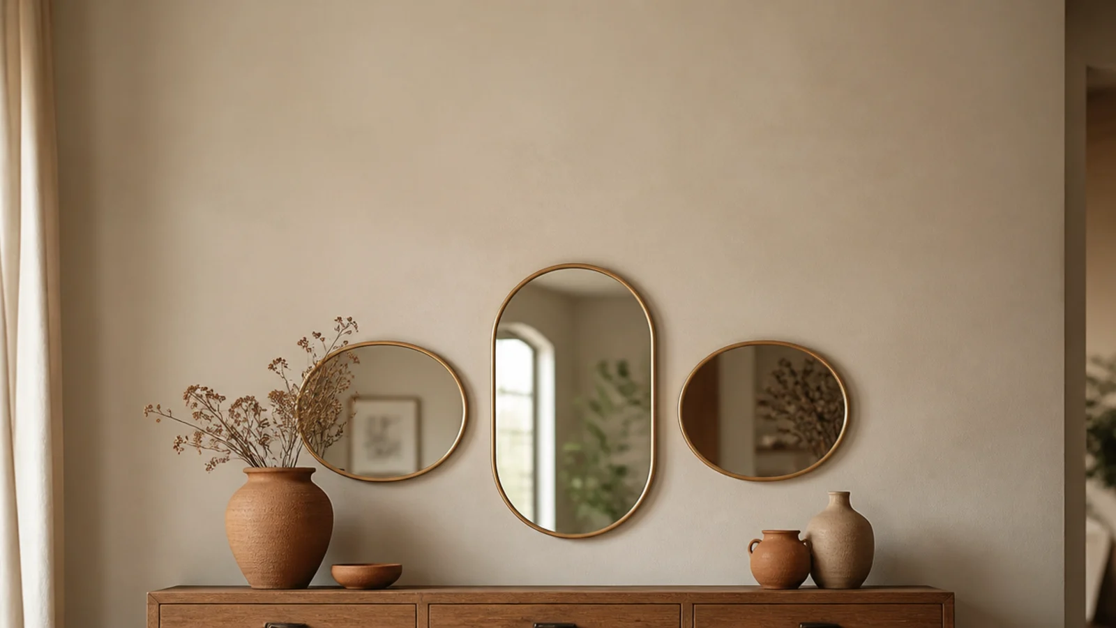 vertical mirror wall before and after image of a calm corrected display