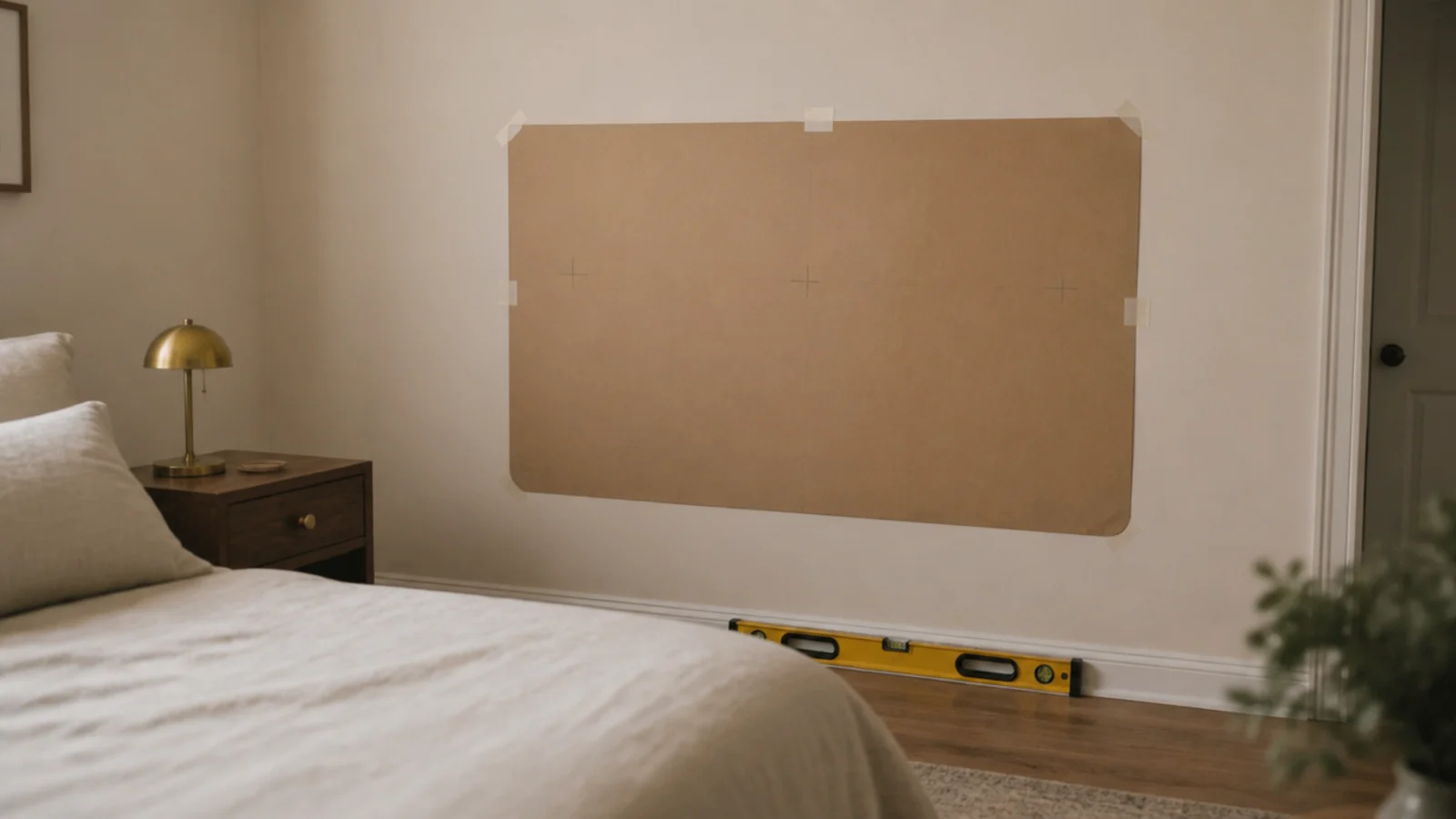 bedroom wall marked with painter tape planning a mirror placement