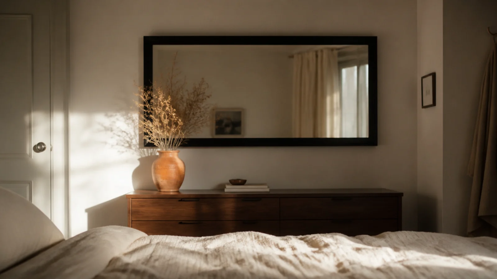 rectangular mirror centred on the wall directly facing a made bed