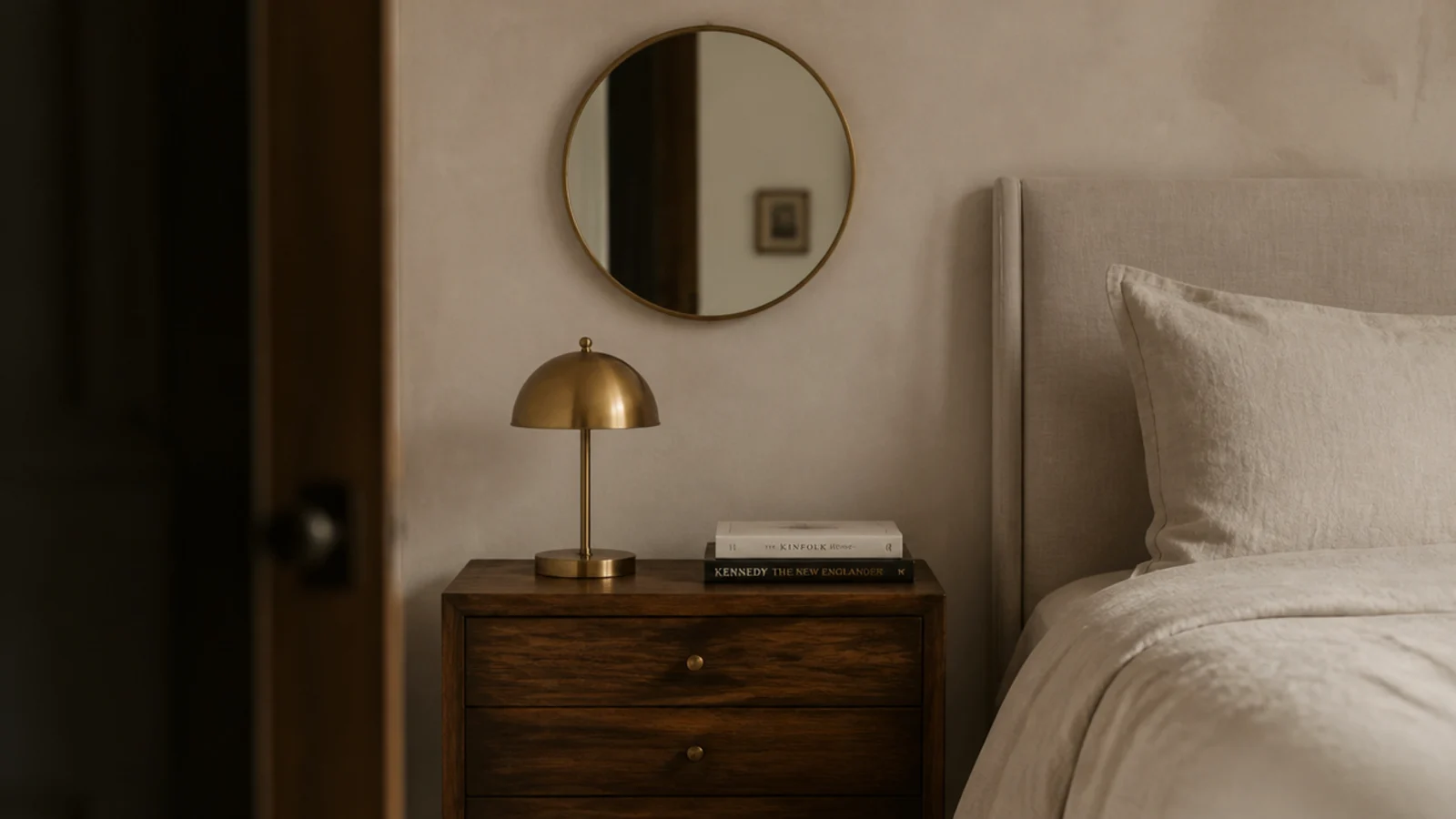 small round mirror hung beside a nightstand at bedside height
