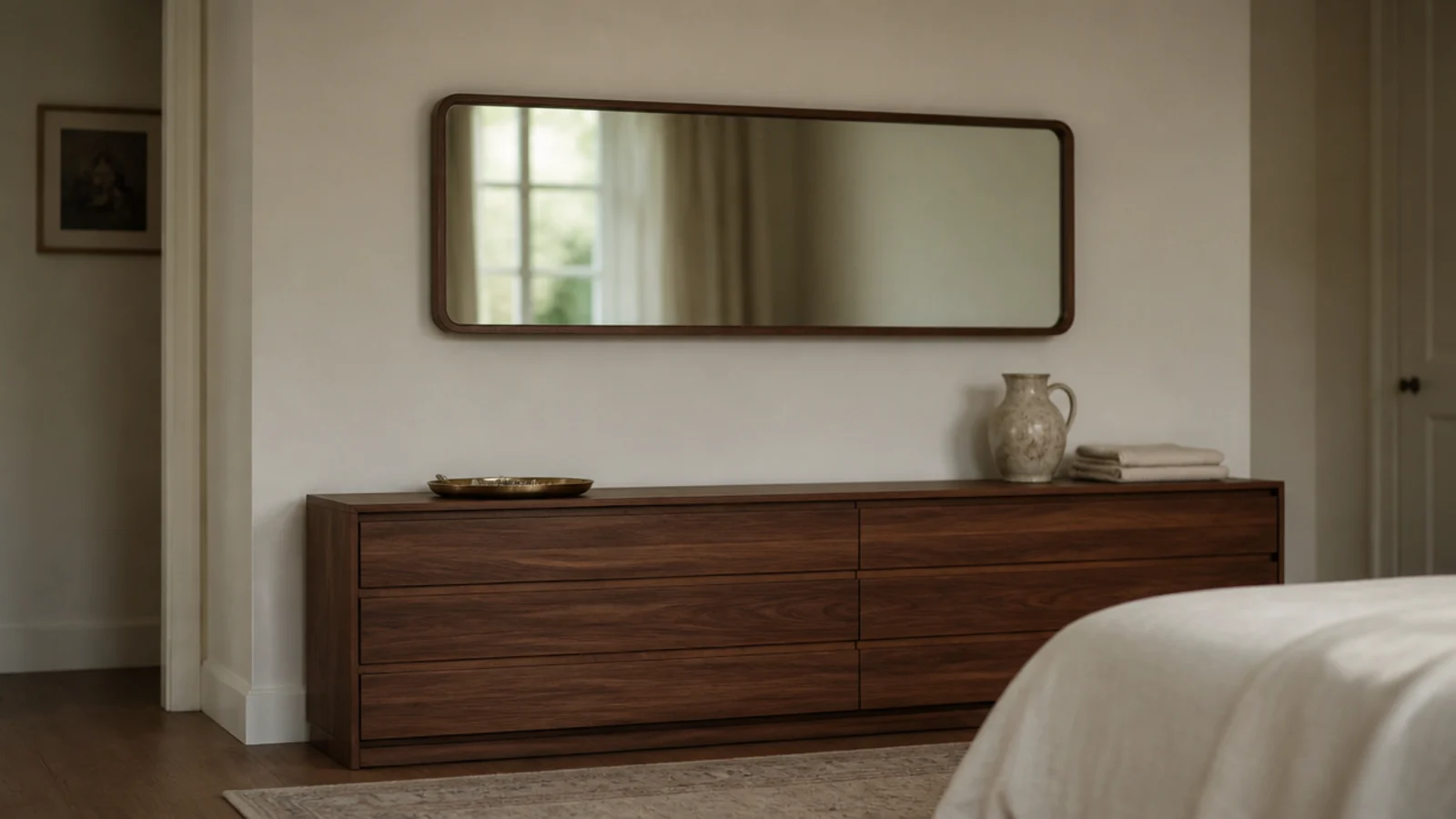 wide mirror centred above a bedroom dresser with a measured gap