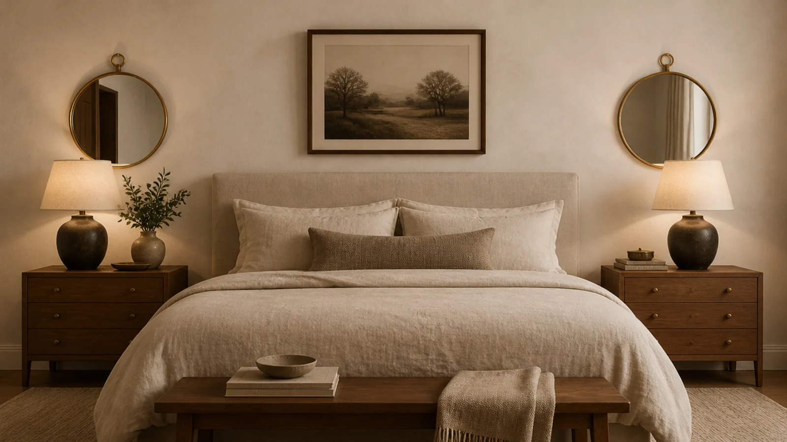 two matching small round mirrors flanking a bed above the nightstands