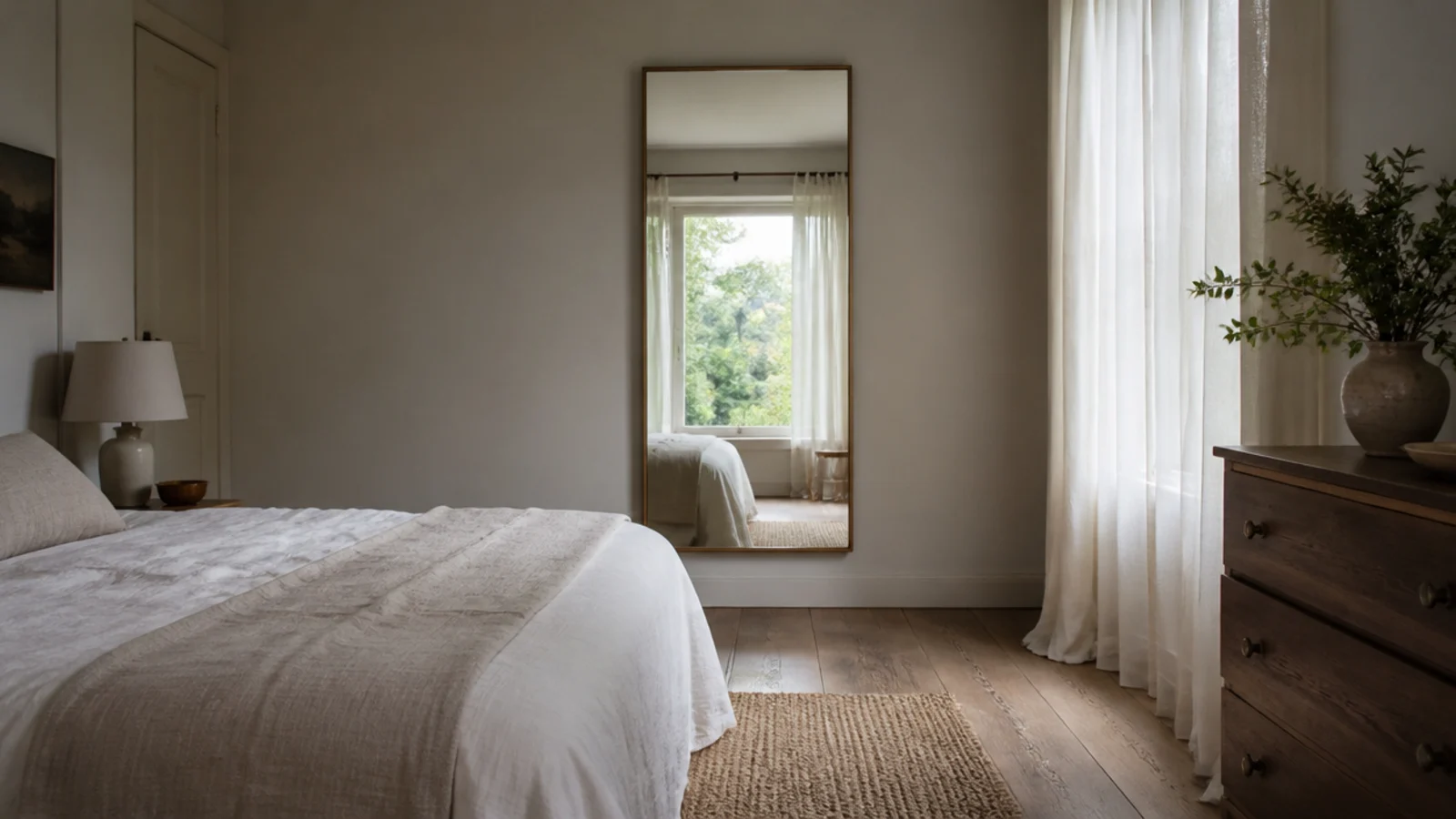 bedroom mirror positioned opposite a window catching early daylight