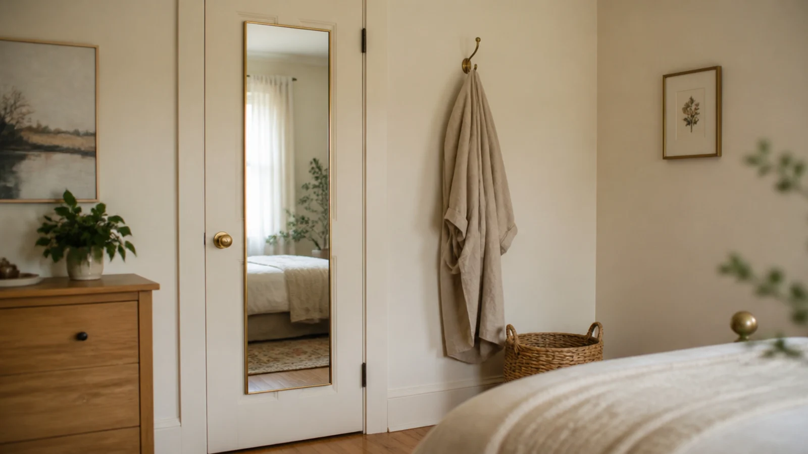 slim mirror mounted flat on a painted bedroom closet door panel