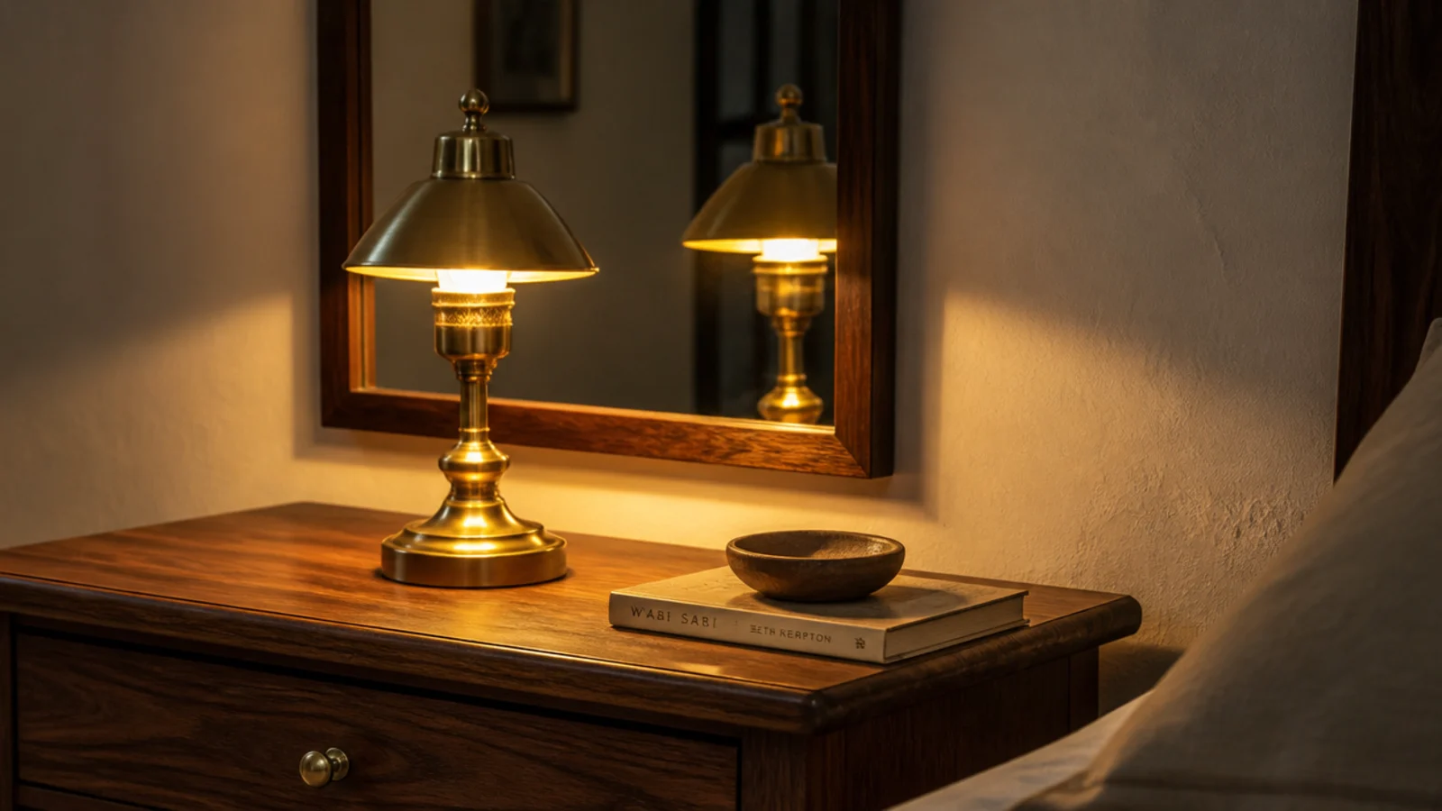 bedside lamp glowing in front of a small mirror on a bedroom wall