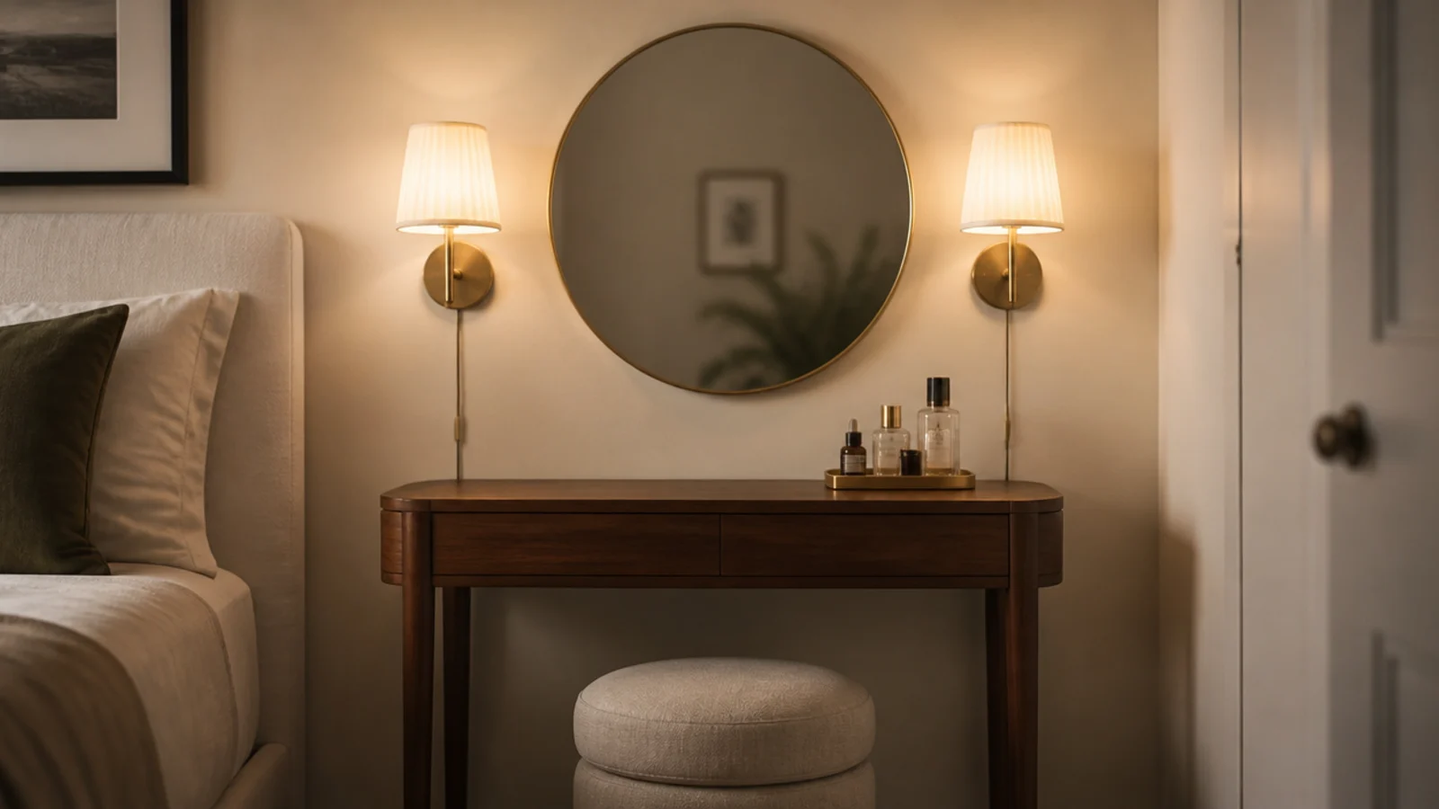 bedroom vanity mirror with a wall sconce mounted on either side