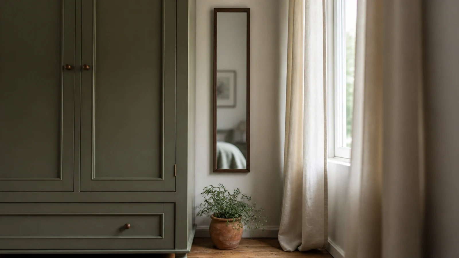 narrow vertical mirror on the slim wall between wardrobe and window