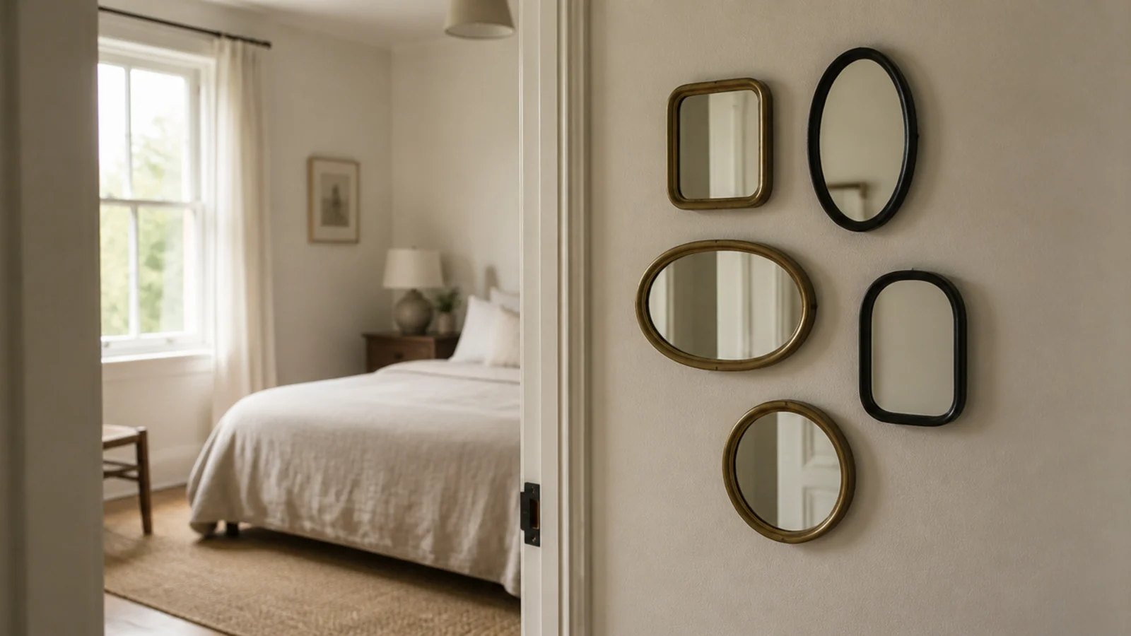 cluster of small mirrors on the bedroom wall seen from the doorway