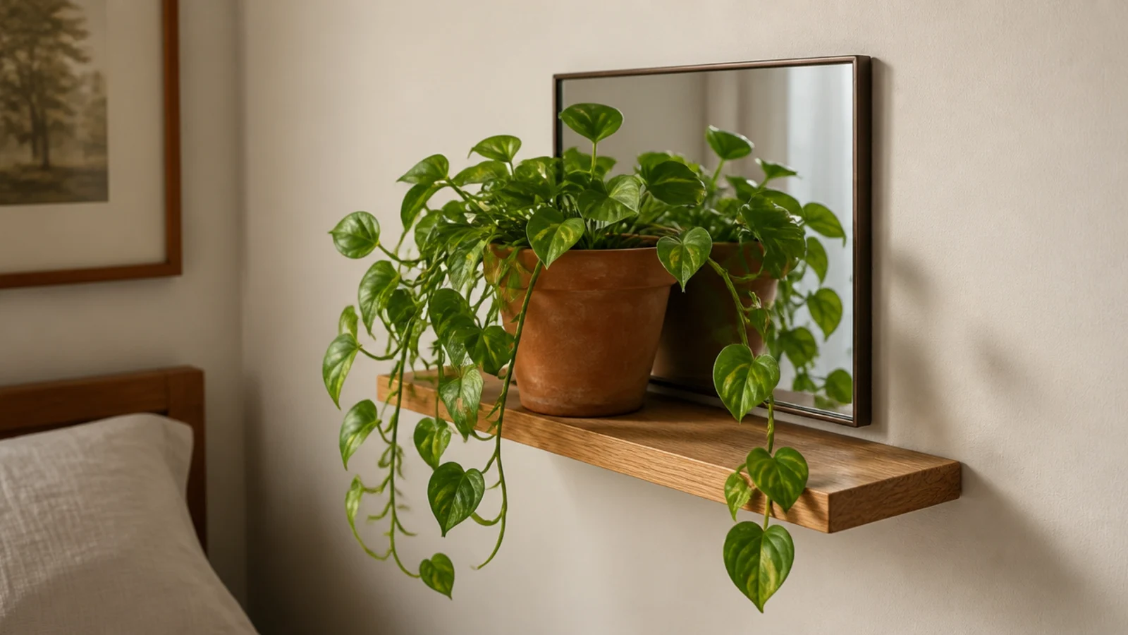 trailing plant on a shelf reflected in a small bedroom wall mirror