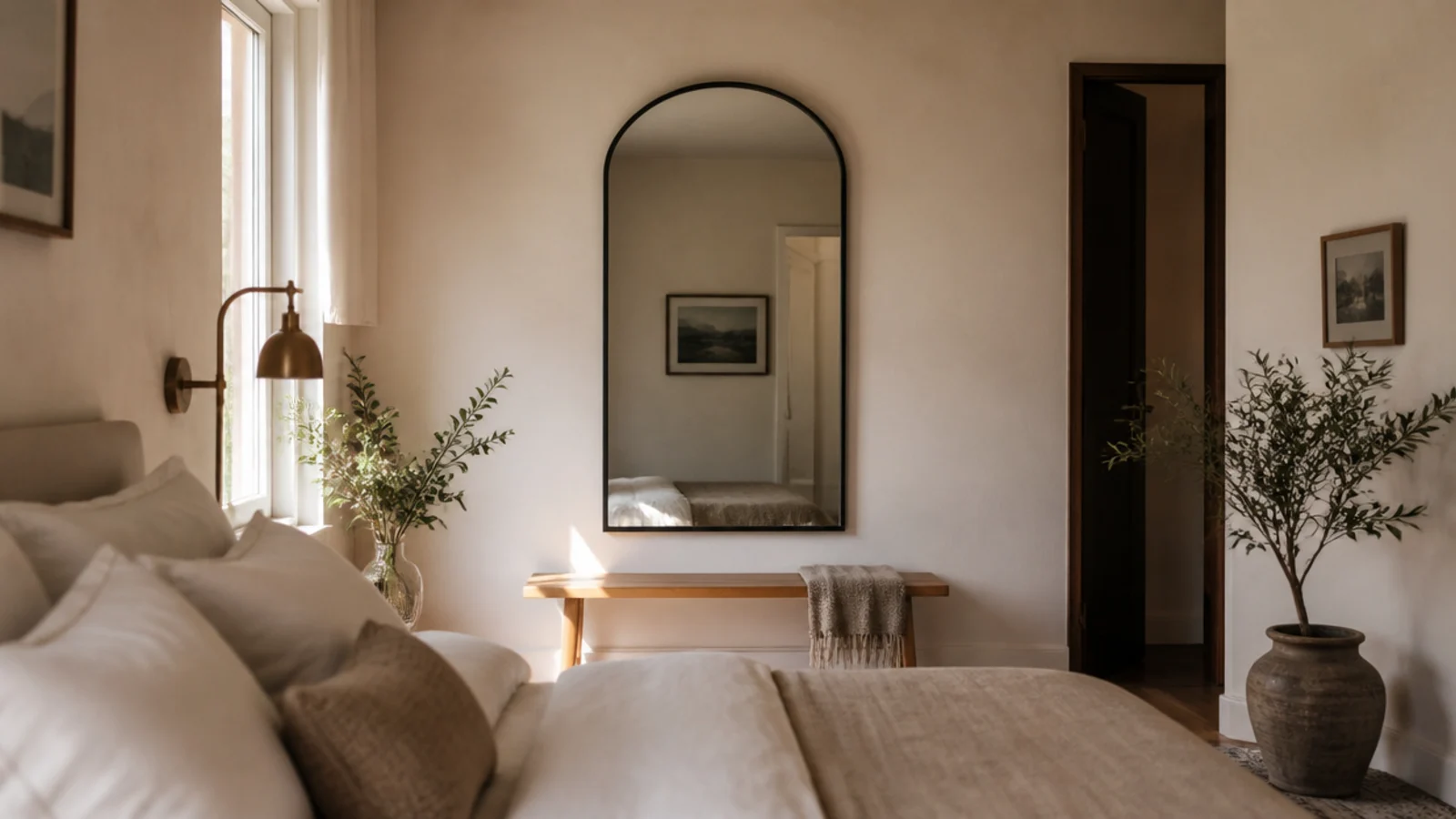 arched mirror on the wall at the foot end of a bedroom
