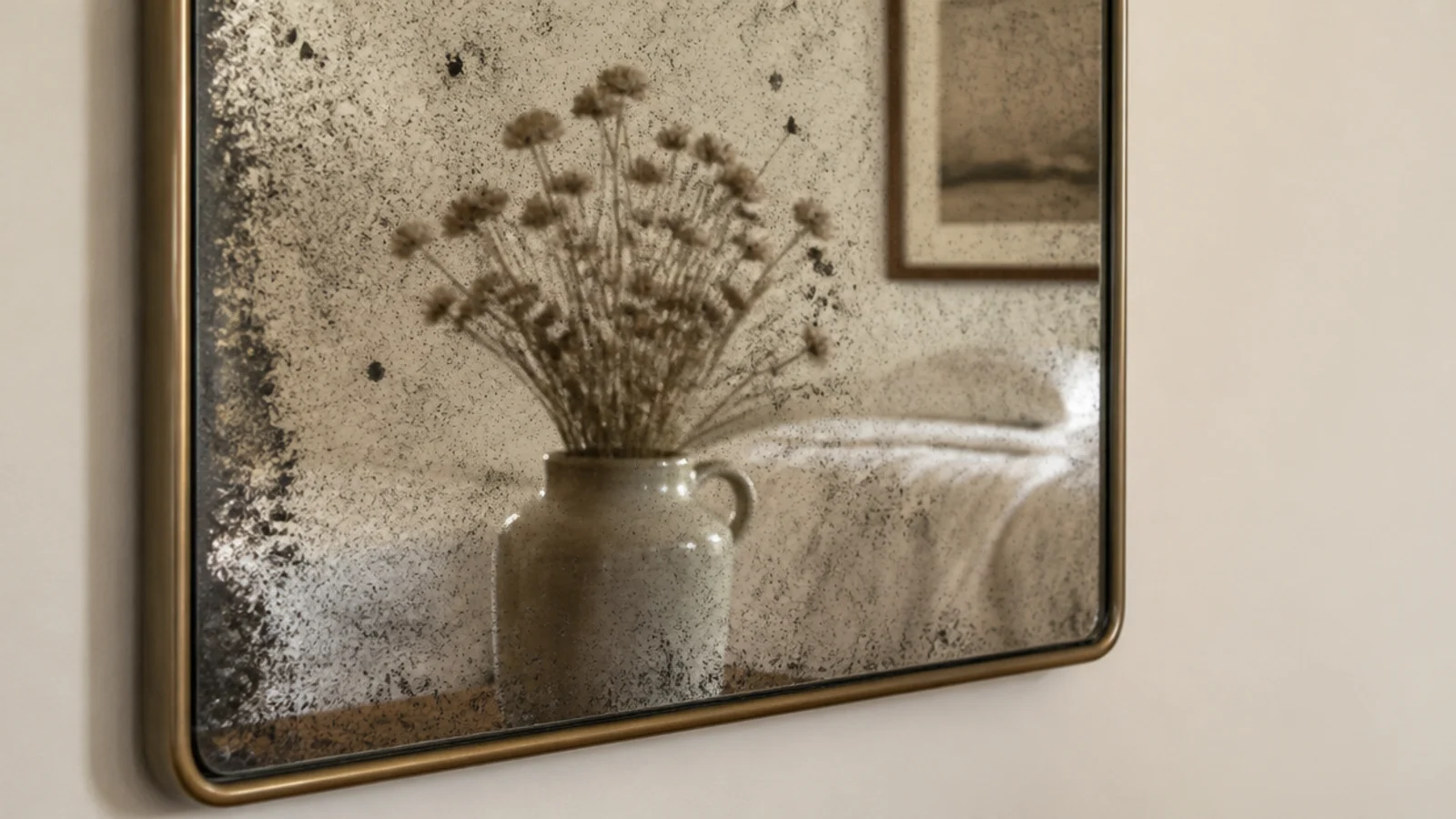 antiqued foxed mirror glass with soft mottling on a bedroom wall