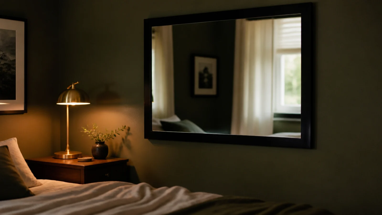 black framed mirror on a deep olive painted bedroom wall