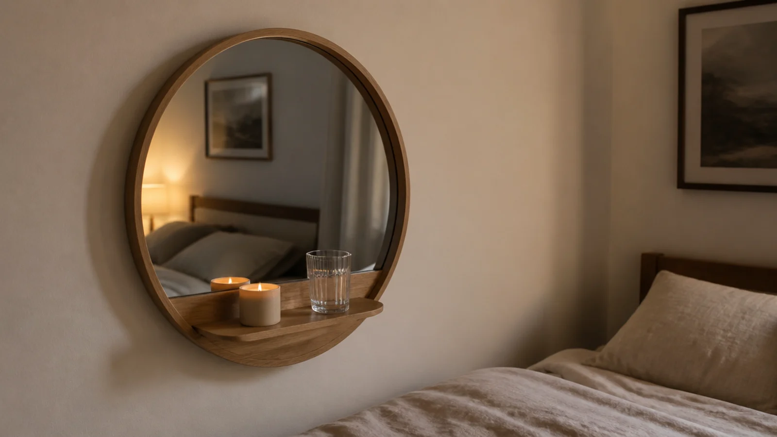 round mirror with integrated shelf replacing a bedside table