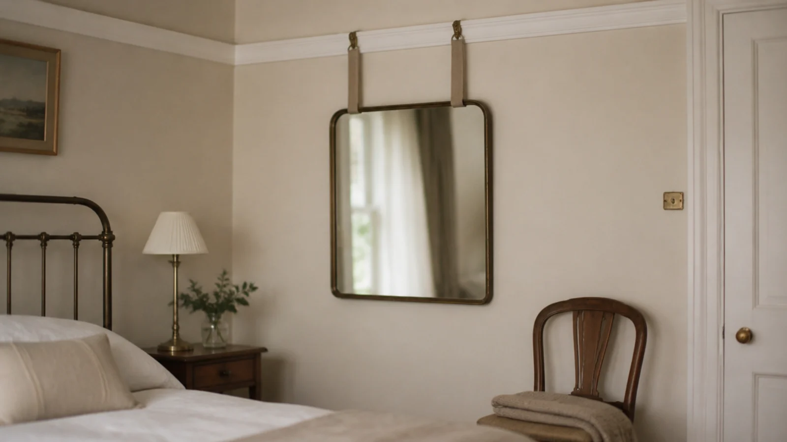 bedroom mirror hanging from a picture rail on wide linen ribbon