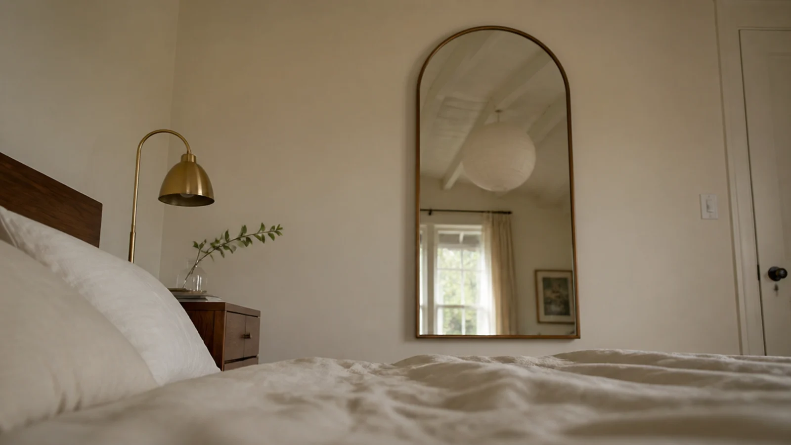bedroom mirror viewed from pillow height showing its reflected angle