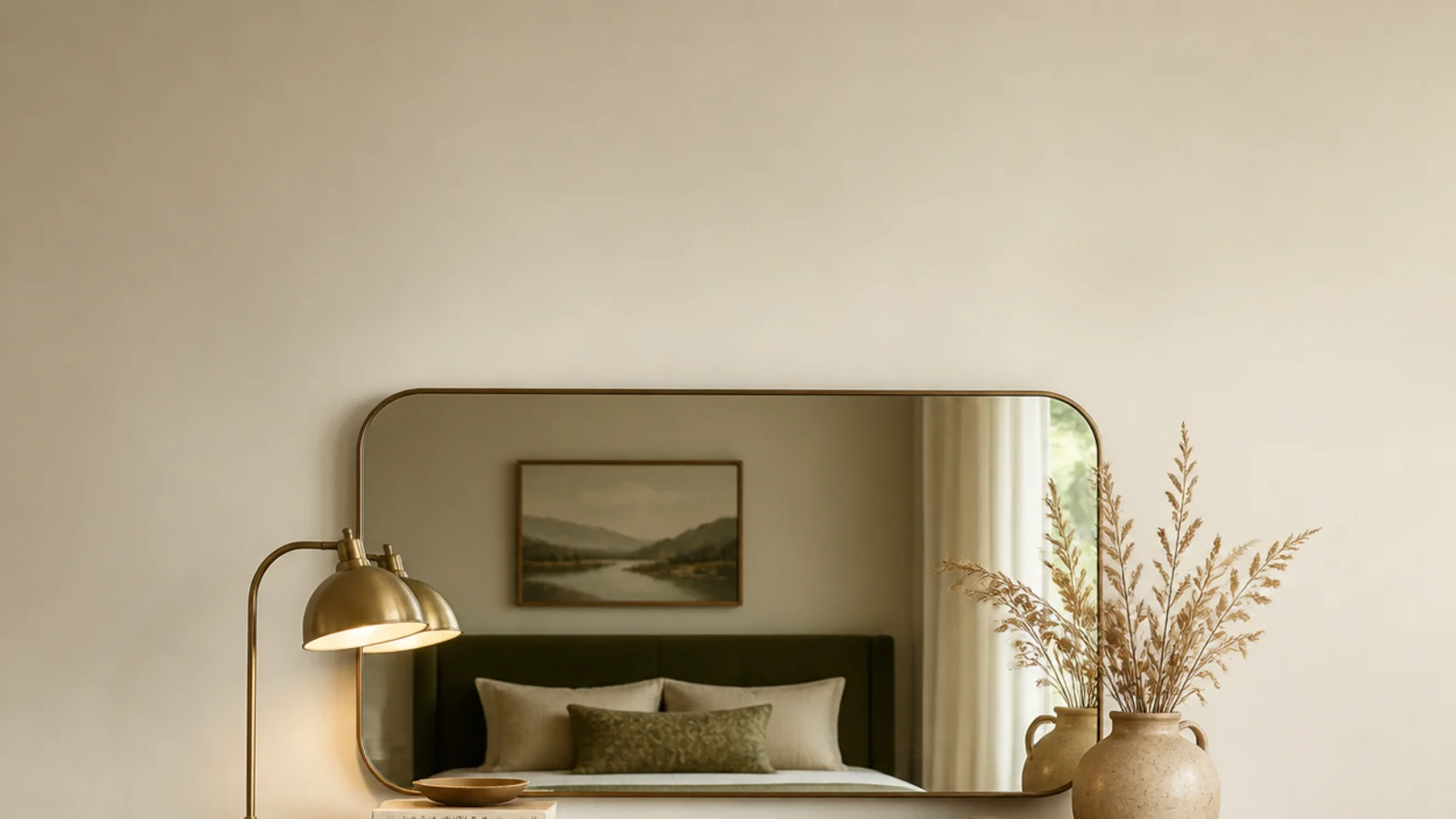 vertical bedroom wall with a mirror above a walnut dresser and lamp