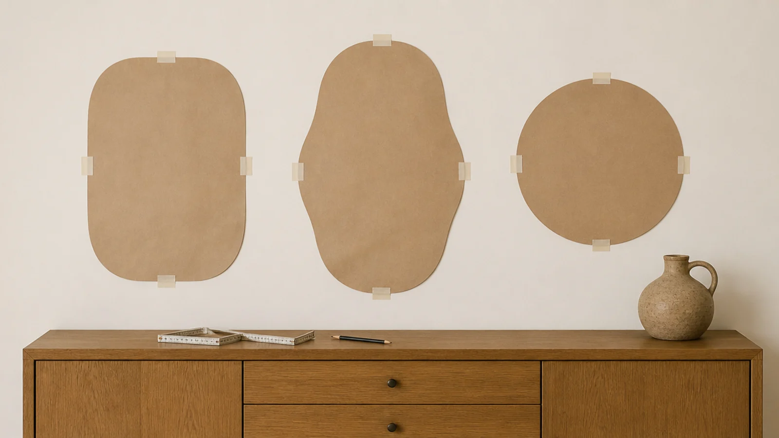 paper templates taped above a dining sideboard to plan mirror placement
