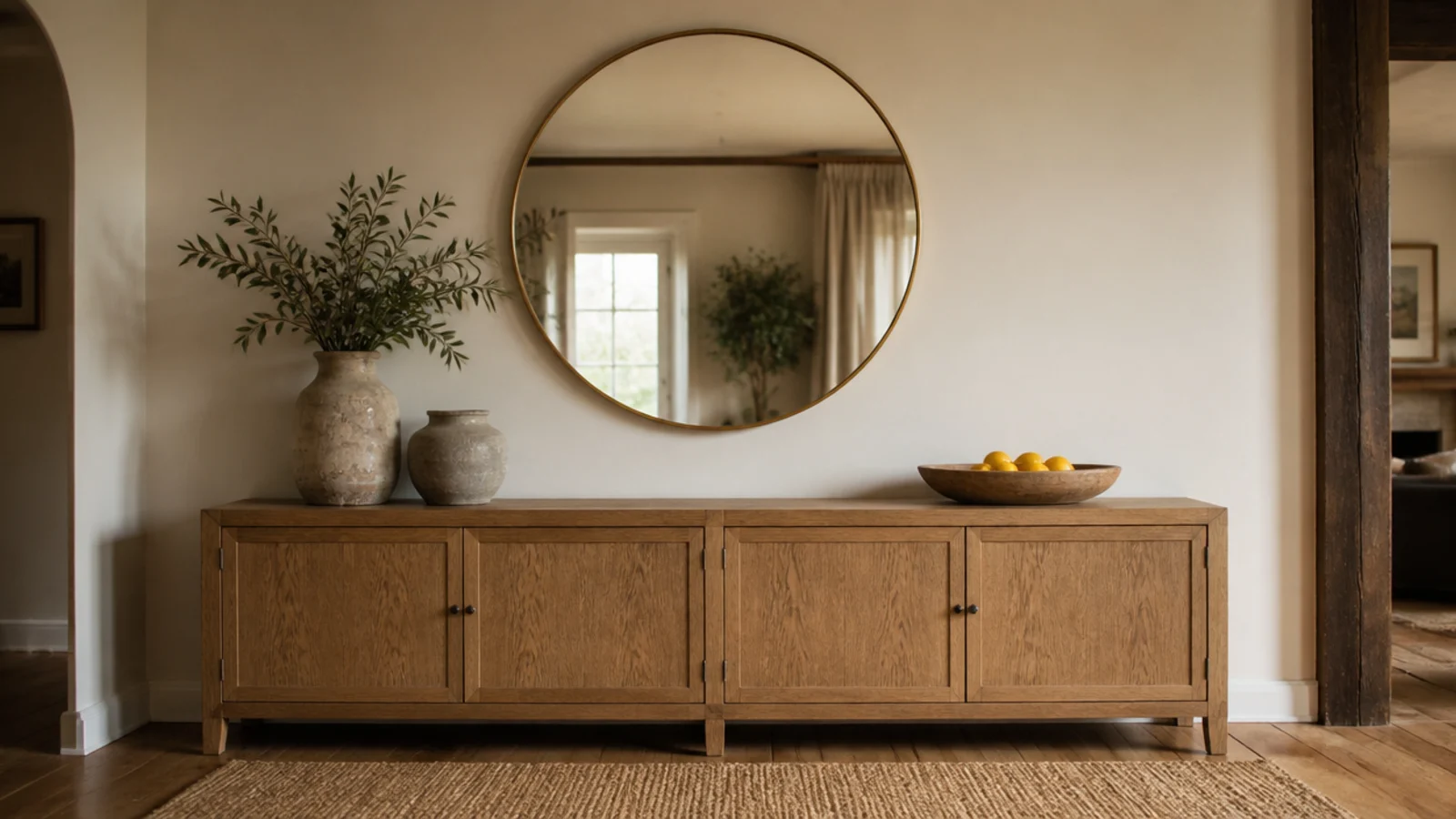 oversized round mirror centred above a long oak dining sideboard