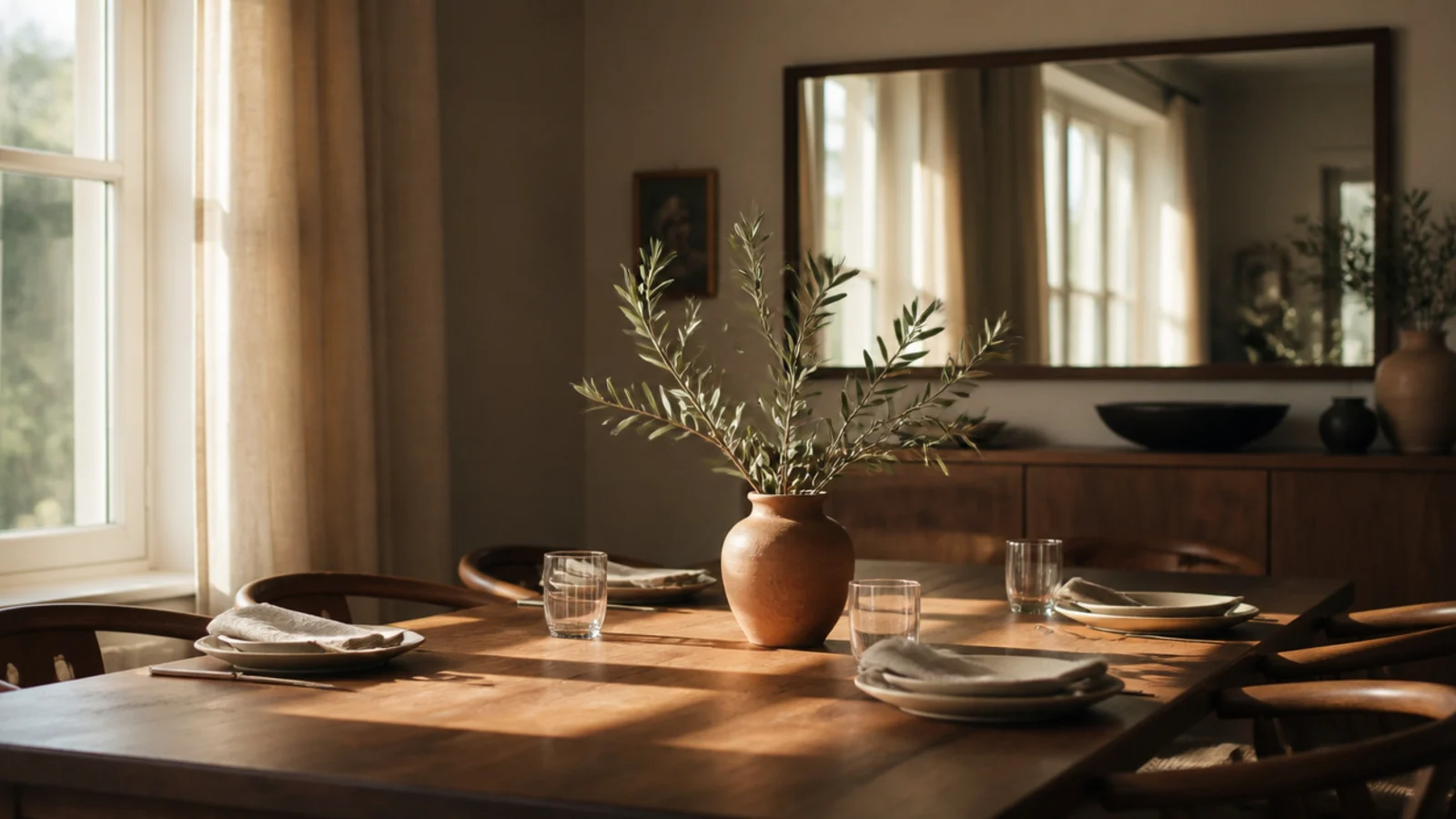 dining room mirror facing a window throwing daylight across the table